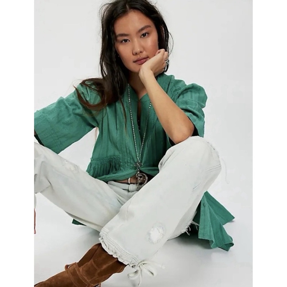 Free People Willow Button Down We The Free Pleated Ruffle Slouchy Green S NWT